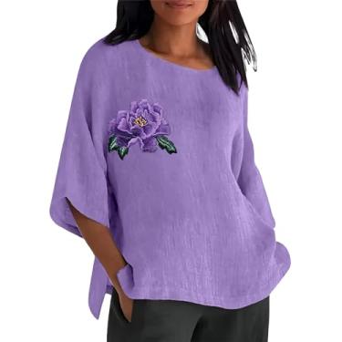 Imagem de Camisetas femininas de verão, casuais, algodão, linho, manga 3/4, estampa floral, camisetas grandes e gola redonda, rosa, M