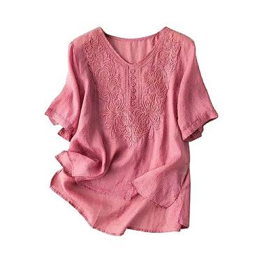 Imagem de Camisetas femininas de algodão e linho de manga curta com gola redonda bordada floral blusa vintage de verão, Rosa choque, 3G