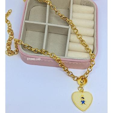 Imagem de Colar Filhos Corrente Elo Português Folheado Ouro com Pingente Coração Madrepérola Menina Menino Cordão Mães Presente