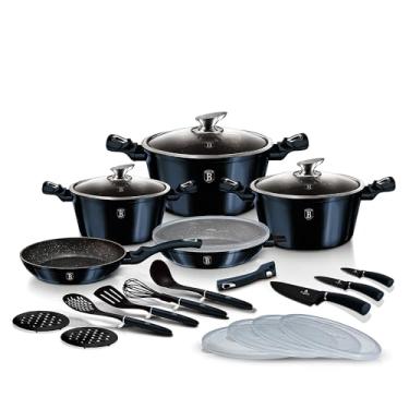 Imagem de Jogo Panelas Antiaderente Triplo Revestimento em Marmore e Utensílios 22 peças Aquamarine Berlinger Haus