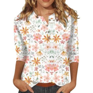 Imagem de Blusa feminina casual de manga 3/4 de ajuste solto com botões e gola V túnica floral 2024 camisetas básicas para trabalho, Laranja, M