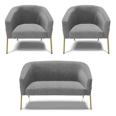 Imagem de Sofá Namoradeira E 2 Poltronas Pé De Ferro Dourado Stella Linho D03 - D`rossi Cor A26 Grafite