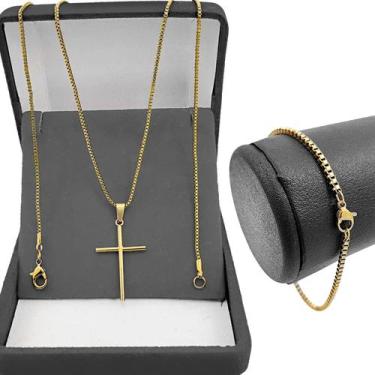 Imagem de Pingente crucifixo + cordão banhado aço inox + pulseira moda masculina