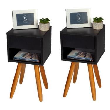 Imagem de Kit 2 Mesas Cabeceira Retro Preto 40Cm Pé Palito Castanho - Fl Decor