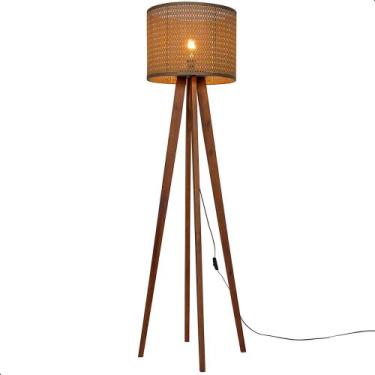 Imagem de Luminária de Chão Madri com Pés de Madeira e Tela Indiana Teca Marrom 