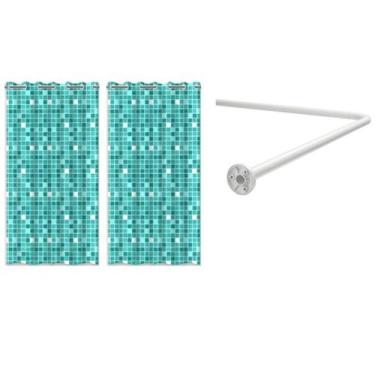 Imagem de 2 Cortina Box Pastilha Verde + Suporte Varão Banheiro em L - Vida Prat