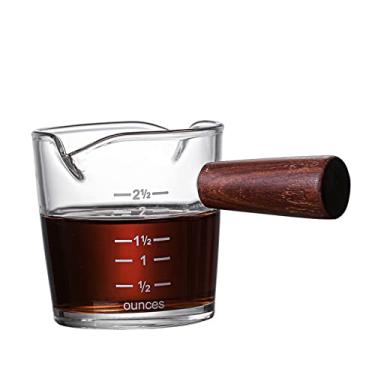 Imagem de Copo de café expresso de 70 ml com bico duplo, copo medidor resistente ao calor, mini caneca de vidro de leite com cabo de madeira, escala transparente para leite e café, café expresso, copo medidor