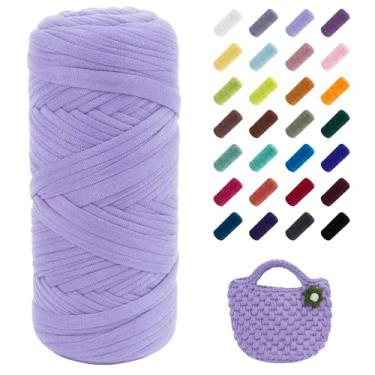 Imagem de JeogYong Fio de camiseta, 200 g/59,7 m, fio de tricô de tecido elástico, fio de crochê grosso para sacos de crochê/cestas/tapetes, decoração de casa, artesanato DIY (roxo caro)