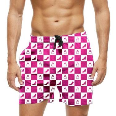 Imagem de Short Praia Shorts Banho Bermuda Verão Xadrez Rosa Salto Alto Cadeado 