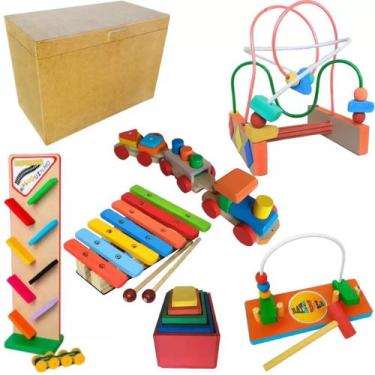 Imagem de Baú de madeira + 6 brinquedos educativos de madeira - BRINQUE E LEIA