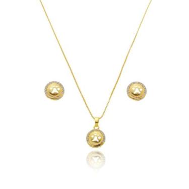 Imagem de Conjunto Colar e Brinco Kit Banho Ouro 18k Pet Pata Cachorro - Enzara 