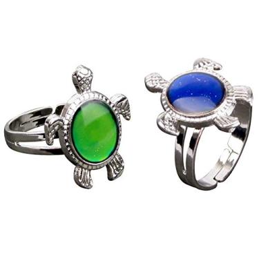 Imagem de Anel de humor 2 peças em forma de coração e tartaruga dinossauro cavalo de unicórnio, anel que muda de cor, urso pata, olhos e emoção, anel de dedo retrô, oval, borboleta, lua e estrela, anel de humor ajustável, tamanho de presente para mulheres, meninos e meninas one size