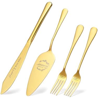 Imagem de Galaxozent Conjunto de 4 presentes de casamento para casais, faca de bolo de casamento e servidor de ouro com garfos, conjunto de corte de bolo, chá de panela, presente de noivado para o Sr. e a Sra