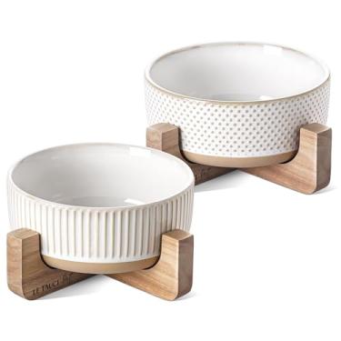 Imagem de Tigelas de cerâmica para cães médios e pequenos – 4 xícaras de ração e água para cães médios com suporte de madeira, conjunto de 2 pratos fofos para animais de estimação, linhas + bolinhas