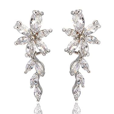Imagem de Brincos de noiva CZ para casamento, elegante, gota, zircônia cúbica, aglomerado, folha floral, strass, brincos pendentes para noivas, damas de honra, mãe da noiva, festa de formatura para meninas,