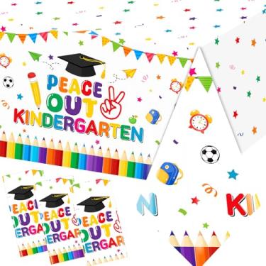 Imagem de Guzbewu Toalha de mesa de formatura de jardim de infância, 2 peças, de plástico, descartável, impermeável, pré-escolar, para decoração de pré-escola, branca e dourada