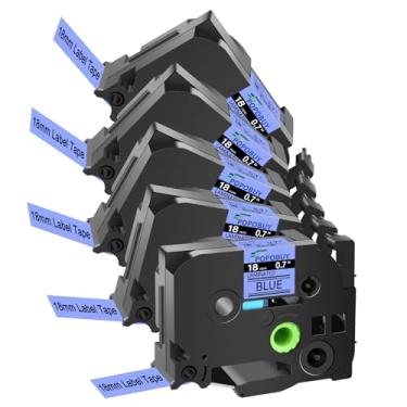 Imagem de POPOBUY Fita azul laminada TZ TZe 18 mm 1,8 cm compatível com Brother P Touch TZ541 TZ-541 TZe-541 TZe541 TZe541 para máquina de etiquetas Brother PTD400AD PTP700 PTD600 PT1890C, pacote com 5, preto