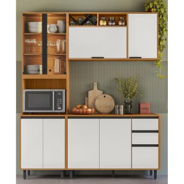 Imagem de Armário de Cozinha Ravena Modulada c/ Paneleiro Duplo Vidro com Led - Freijó UV/Off Acetindo Poliman