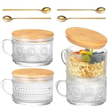 Imagem de Vintage Glass Coffee Mugs Set of 4, Overnight Oats Containers with Bamboo Lids and Spoons - 14oz Clear Tea Cups for Cappuccino Latte Americano Cereal Yogurt Beverage