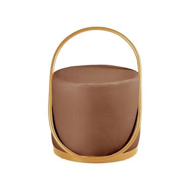 Imagem de Puff Decorativo Asterix Redondo Madeira Maciça Courino Mac Bronze E Caramelo