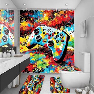 Imagem de Omebero Conjunto de 4 peças de cortina de chuveiro com cortina de chuveiro à prova d'água, tapete de banho antiderrapante, tapete absorvente e tampa de vaso sanitário, conjunto clássico de decoração