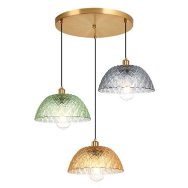 Imagem de Qufute Lustre de aglomerado de 3 luzes, globo de luz, lustre moderno de meados do século, luzes pendentes de vidro grande, sombra de vidro colorido, latão dourado, Sputnik, luminária pendente de teto
