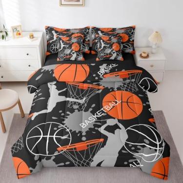 Imagem de Erosebridal Jogo de cama solteiro de basquete, preto e cinza, para adolescentes, jogos de bola esportivos, 7 peças, decoração de quarto de basquete para meninos