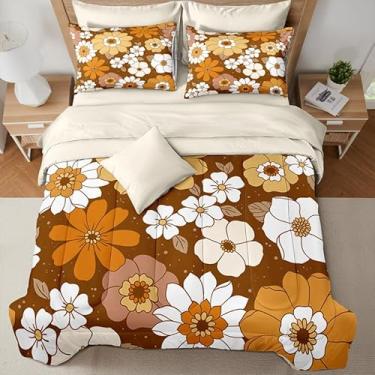 Imagem de Conjunto de edredom Queen Size com fronhas e fronhas, roupa de cama floral retrô marrom e laranja, estilo vintage em uma bolsa com lençol de cima e lençol com elástico para crianças e adultos