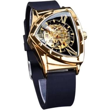 Imagem de FORSINING Relógios esqueleto para homens, relógio mecânico automático com mostrador triangular, luminoso, pulseira de silicone macio, Dourado