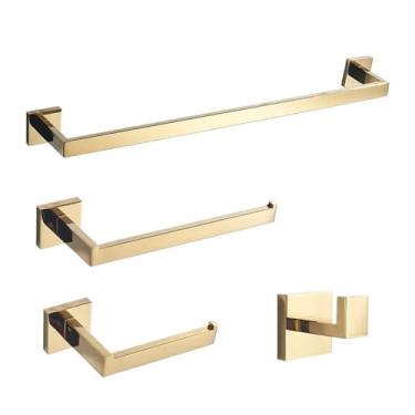 Imagem de Ferragens de banheiro com gancho de roupão de banho polido dourado trilho de toalha rack de barra prateleira suporte de papel de seda acessórios de banheiro modernos (suporte de papel único) (conjunto