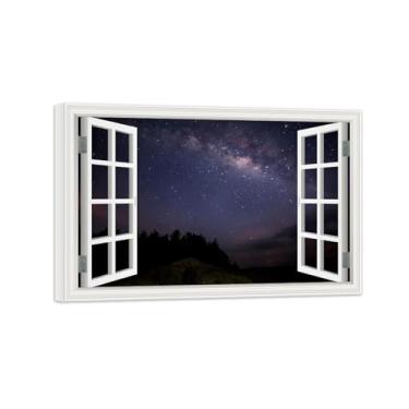 Imagem de Vista da Janela Paisagem Pintura em Tela-Árvore céu estrelado-Impressão Lona Arte Parede Natural-Decoração Sala Estar 80x120cm Tela Embrulhada