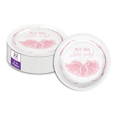 Imagem de Birthday Galore We're Tutu Excited Pink Bows Baby Shower - 32 peças descartáveis para festa - Decorações de chá de bebê - Pratos de festa redondos - Pratos de papel grandes de 23 cm a granel