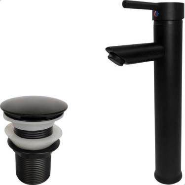 Imagem de Torneira Preto Fosco Bica Alta Pia Banheiro E Valvula Click 1¼ Inox Ki