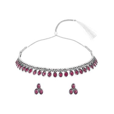 Imagem de Aheli Brincos de gargantilha cravejados de pedra sintética rosa rosa banhado a prata conjunto de joias étnicas presente para mulheres, Onesize, Cobre, Pedra sintética