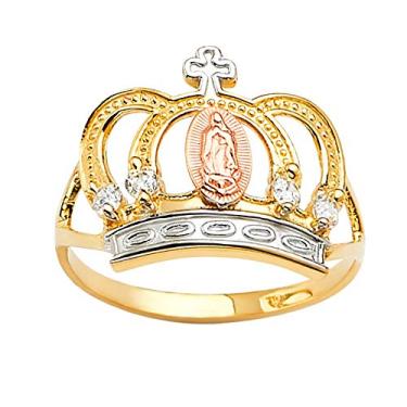 Imagem de Savlano Anel religioso feminino feminino feminino com coroa e cruz banhado a ouro 18K amarelo branco e rosa tricolor Lady of Guadalupe Virgem Maria com corte redondo e cruz, Metal, Zircônia cúbica