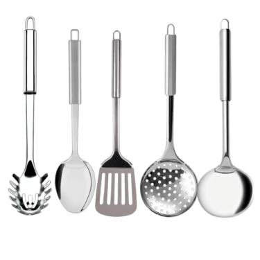 Imagem de Kit 6 Utensílios de Cozinha em Aço Inox Escumadeira Concha Colher Arroz Pegador Massa Garfo Trin (5 UN)