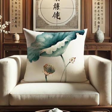 Imagem de Sladjana Enchanting Teal - Tinta chinesa verde - Capa de almofada de lótus de lavagem: Impressão digital de alta definição em imitação artística de linho (45,7 x 45,7 cm, JBHH-G)