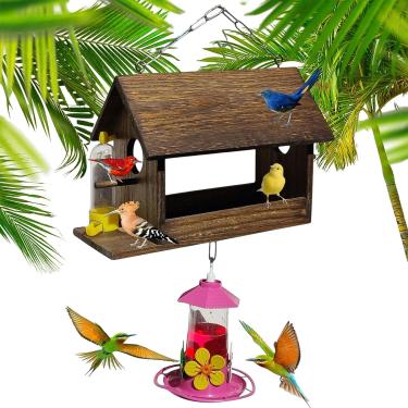 Imagem de Comedouro Tratador + Bebedouro Pássaros Livres Madeira Eco. (Betume Egípcio)