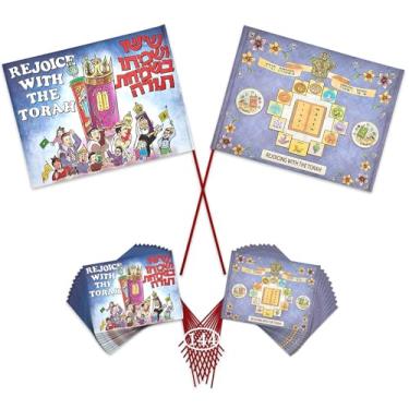 Imagem de Aviv Judaica 144 Bandeiras Simchat Torá "Rejoicing with the Torah" Bandeiras coloridas Simchas Tora para Crianças Hachnusat Safer Torá Parade Banners Crianças Simhat Torá Decorações Sefer Torá Banner Bruto PK