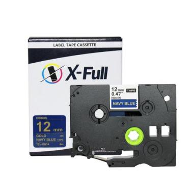 Imagem de Fita Cetim Compatível Brother Tze RN34 Etiqueta Azul Letras Dourada 12