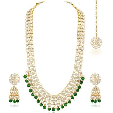 Imagem de Aheli Kundan & Beads Studded Green Long Necklace Jhumki Brincos Maangtikka Conjunto de joias étnicas para mulheres, One Size, Metal, Sem Pedra Preciosa