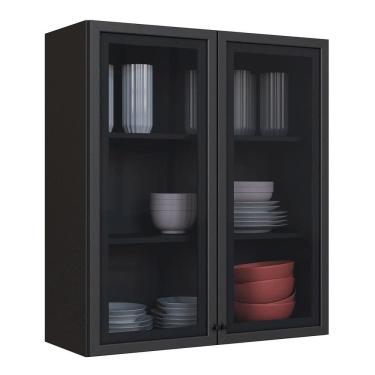 Imagem de Armário Aéreo 2 Portas com Vidro Indekes Isa, Chumbo, 80 cm