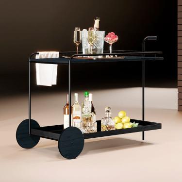 Imagem de Carrinho Bar Agnes com Rodízios e Prateleiras Ébano Estrutura Metálica Preto