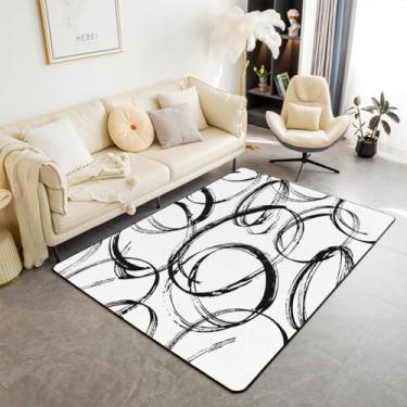 Imagem de jejeloiu Tapete de área preto e branco 12 x 18 cm geometria tingida para sala de estar tapete decorativo moderno círculo Abstarct decoração de casa tapete de chão interno