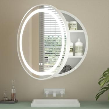 Imagem de Keonjinn Armário de remédios redondo de LED de 61 cm, armário de remédios com iluminação branca para banheiro com espelho, círculo, tomada elétrica, 3 luzes coloridas, antiembaçamento, regulável