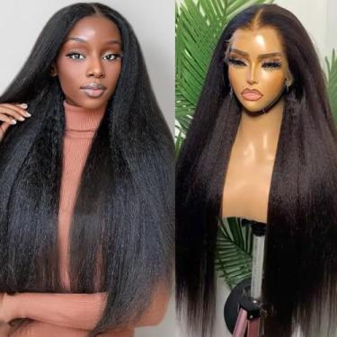 Imagem de Peruca de cabelo humano liso crespo de 76 cm - Peruca frontal de renda HD 13X4, pré-arrancada de densidade 180, tampa de cúpula 3D, perucas lisas Yaki longas brasileiras grossas para mulheres negras