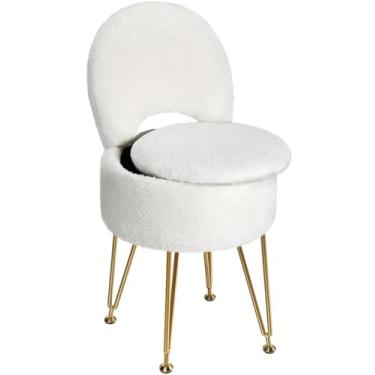 Imagem de GREENSTELL Cadeira Vanity com armazenamento e encosto dobrável, 33 x 33 x 45 cm, pufe macio de pele sintética, 4 pernas de metal com pés antiderrapantes, assento acolchoado para maquiagem, quarto,