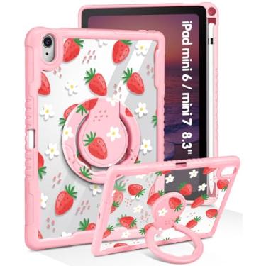Imagem de Uppuppy Capa para iPad Mini 7 A17 Pro 2024/Mini 6 2021 de 8,3 polegadas – Capa feminina com suporte e suporte para lápis, design feminino de morango, capa rígida protetora Kawaii, para iPad Mini 7ª/6ª