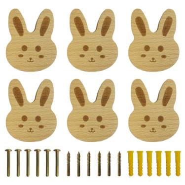 Imagem de Tyqzor 6 peças de maçanetas de madeira em forma de coelho, puxadores de armário, alças de madeira de faia de furo único, ganchos de madeira com conjunto completo de acessórios de parafuso