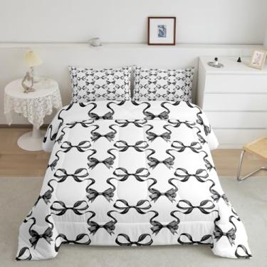 Imagem de Manfei Conjunto de edredom com laço preto, tamanho casal, estilo princesa, aquarela, 3 peças, para adolescentes jovens, fita de laço de conto de fadas, cruzado preto e branco, 2 fronhas